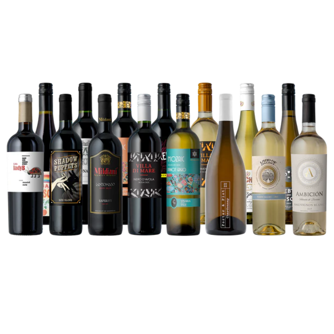 A variety of wine bottles, featuring both red and white wines, with diverse labels and bottle designs.