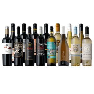 A variety of wine bottles, featuring both red and white wines, with diverse labels and bottle designs.