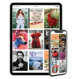 Digital devices displaying a variety of magazine covers, including 'Cosmopolitan,' 'The New Yorker,' 'Vanity Fair,' and 'GQ.'