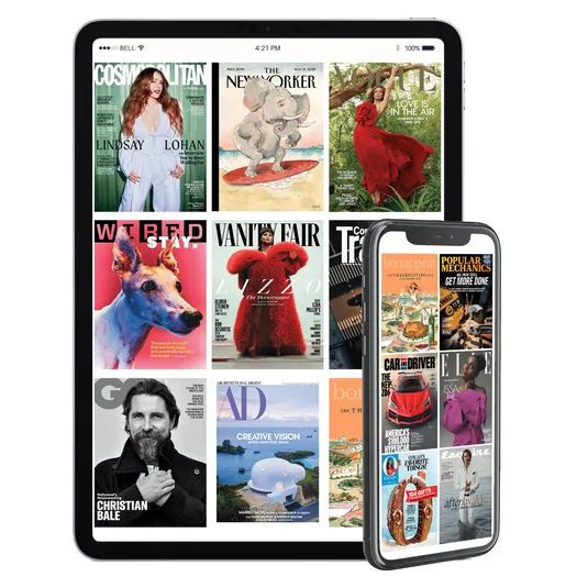 Digital devices displaying a variety of magazine covers, including 'Cosmopolitan,' 'The New Yorker,' 'Vanity Fair,' and 'GQ.'