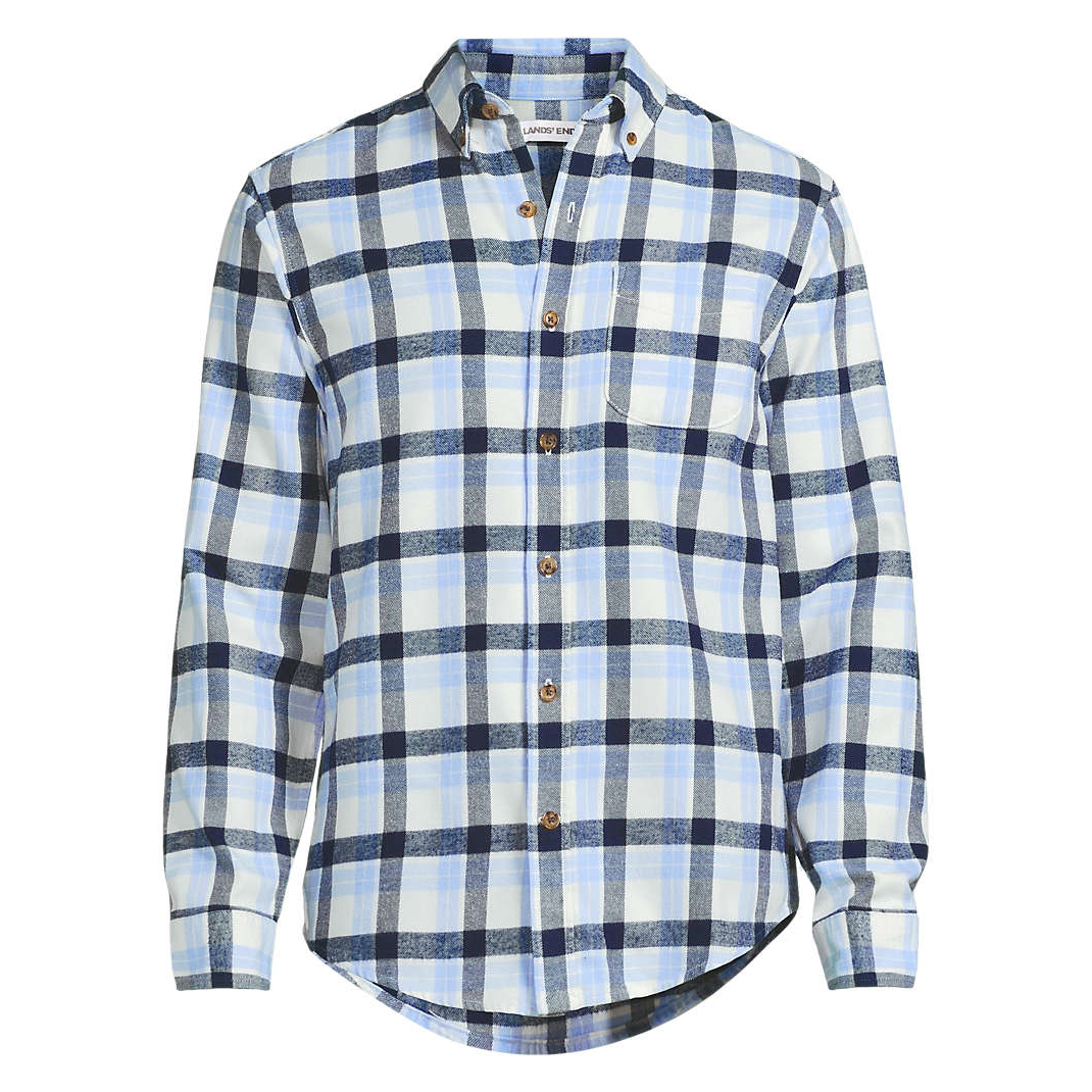 A long-sleeve button-up shirt with a blue and white plaid pattern, featuring a button-down collar and a chest pocket.