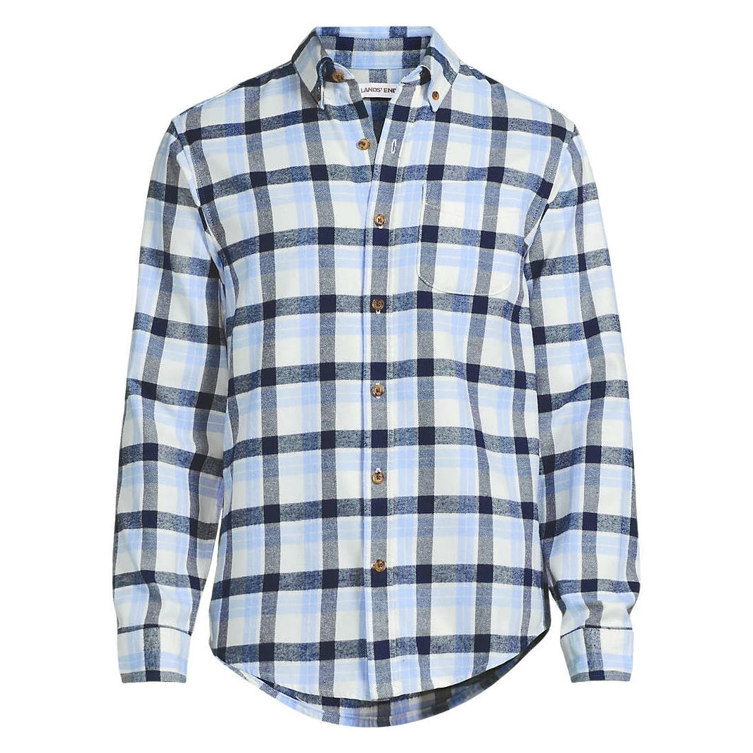 A long-sleeve button-up shirt with a blue and white plaid pattern, featuring a button-down collar and a chest pocket.