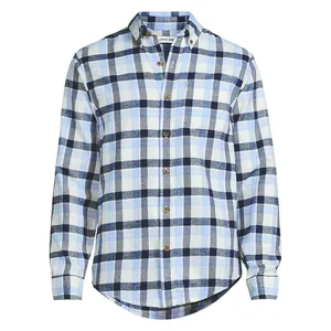 A long-sleeve button-up shirt with a blue and white plaid pattern, featuring a button-down collar and a chest pocket.