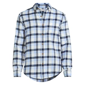 A long-sleeve button-up shirt with a blue and white plaid pattern, featuring a button-down collar and a chest pocket.