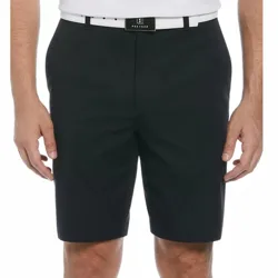 Men's black shorts with a white belt, worn with a white top.