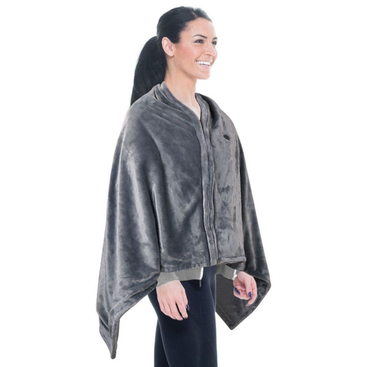 A person wears a soft, gray USB heated shawl that wraps around the shoulders, with a button closure for secure fastening. It provides warmth and comfort while allowing mobility.