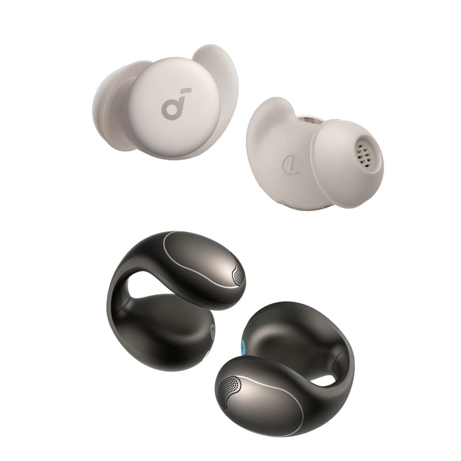 The image features two sets of wireless earbuds: one with a beige color and a logo resembling an \“L,\“ and the other set is black with a unique loop design.