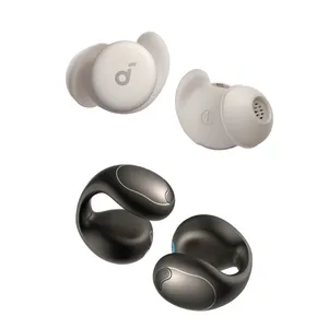 The image features two sets of wireless earbuds: one with a beige color and a logo resembling an \“L,\“ and the other set is black with a unique loop design.