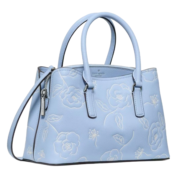 Light blue handbag with floral embroidery, featuring dual handles, a detachable shoulder strap, and a zippered top closure.