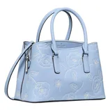 Light blue handbag with floral embroidery, featuring dual handles, a detachable shoulder strap, and a zippered top closure.