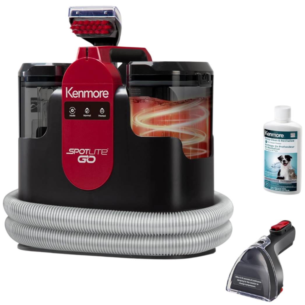 The photo shows a Kenmore Spotlite Go portable carpet cleaner with a hose, a cleaning solution, and an attachment tool.