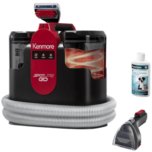 The photo shows a Kenmore Spotlite Go portable carpet cleaner with a hose, a cleaning solution, and an attachment tool.
