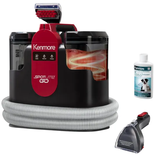 The photo shows a Kenmore Spotlite Go portable carpet cleaner with a hose, a cleaning solution, and an attachment tool.