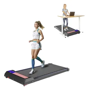 A walking treadmill is shown with a 3% incline design, suitable for light jogging or walking. It can be placed under a standing desk for multitasking, demonstrated by a person using a laptop.