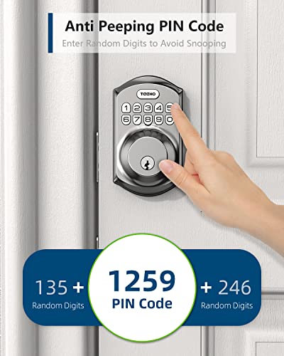 Keypad door lock with anti-peeping PIN code feature, allowing random digits before and after the actual code to prevent snooping.