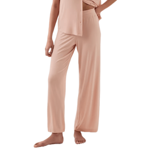Pale pink, wide-leg pajama pants with an elastic waistband.