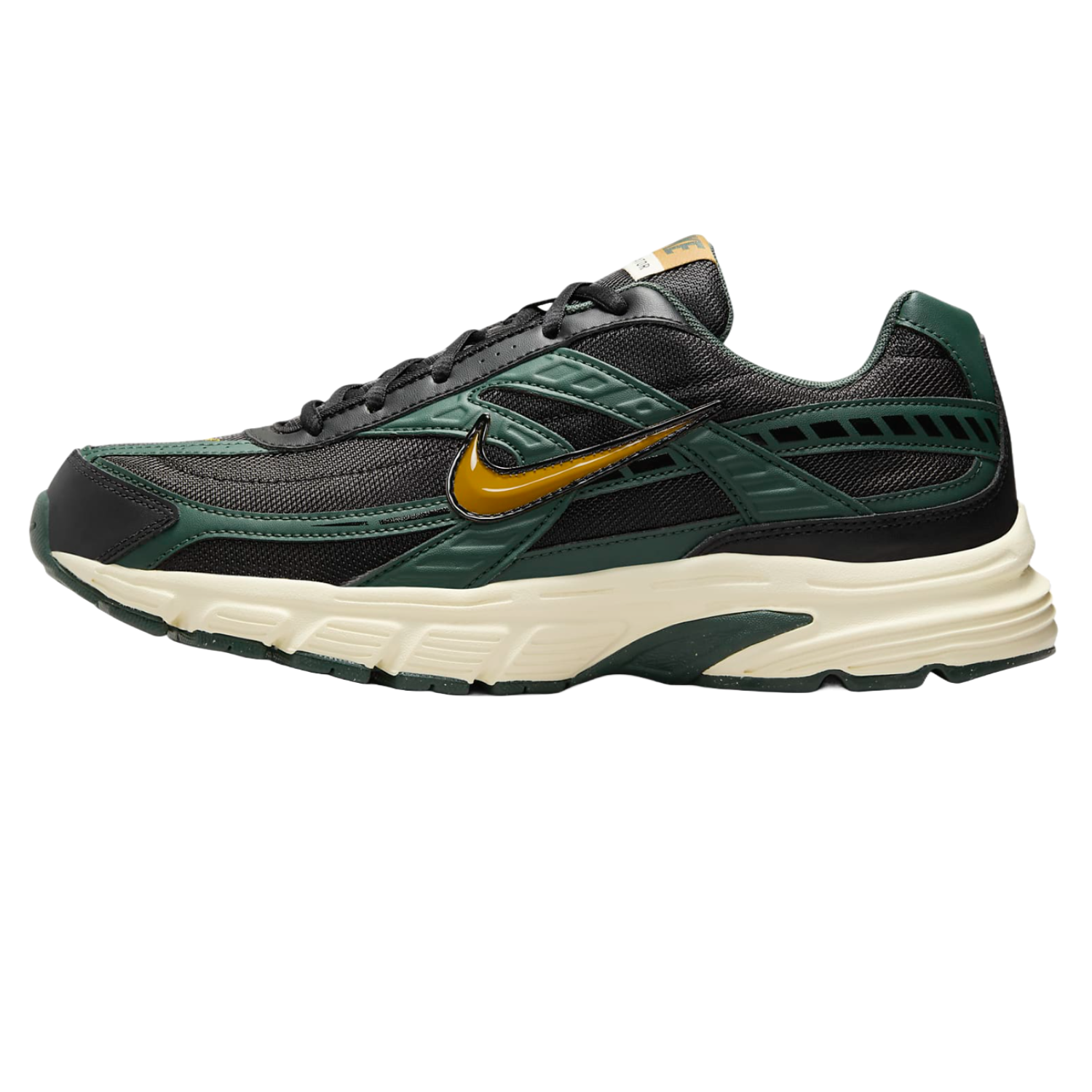 Nike Men's Initiator Shoes feature a black mesh upper with green overlays, a yellow swoosh, and a cream-colored midsole for cushioning. They offer a sporty design and durable construction ideal for casual wear.