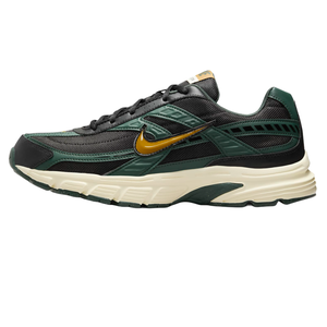 Nike Men's Initiator Shoes feature a black mesh upper with green overlays, a yellow swoosh, and a cream-colored midsole for cushioning. They offer a sporty design and durable construction ideal for casual wear.