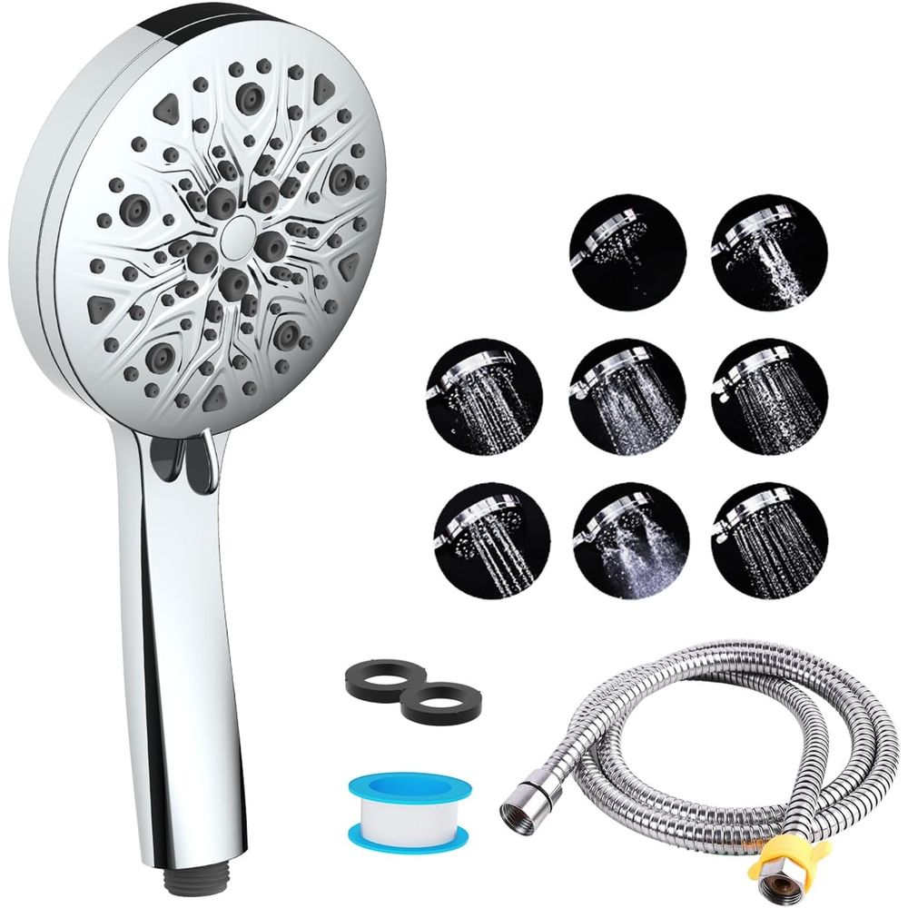 Handheld showerhead with multiple spray settings, includes a hose, Teflon tape, and washers.