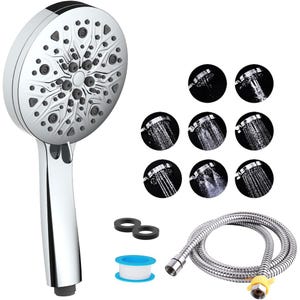 Handheld showerhead with multiple spray settings, includes a hose, Teflon tape, and washers.