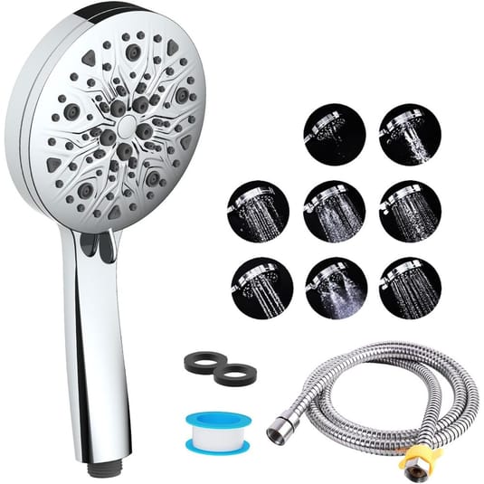 Handheld showerhead with multiple spray settings, includes a hose, Teflon tape, and washers.