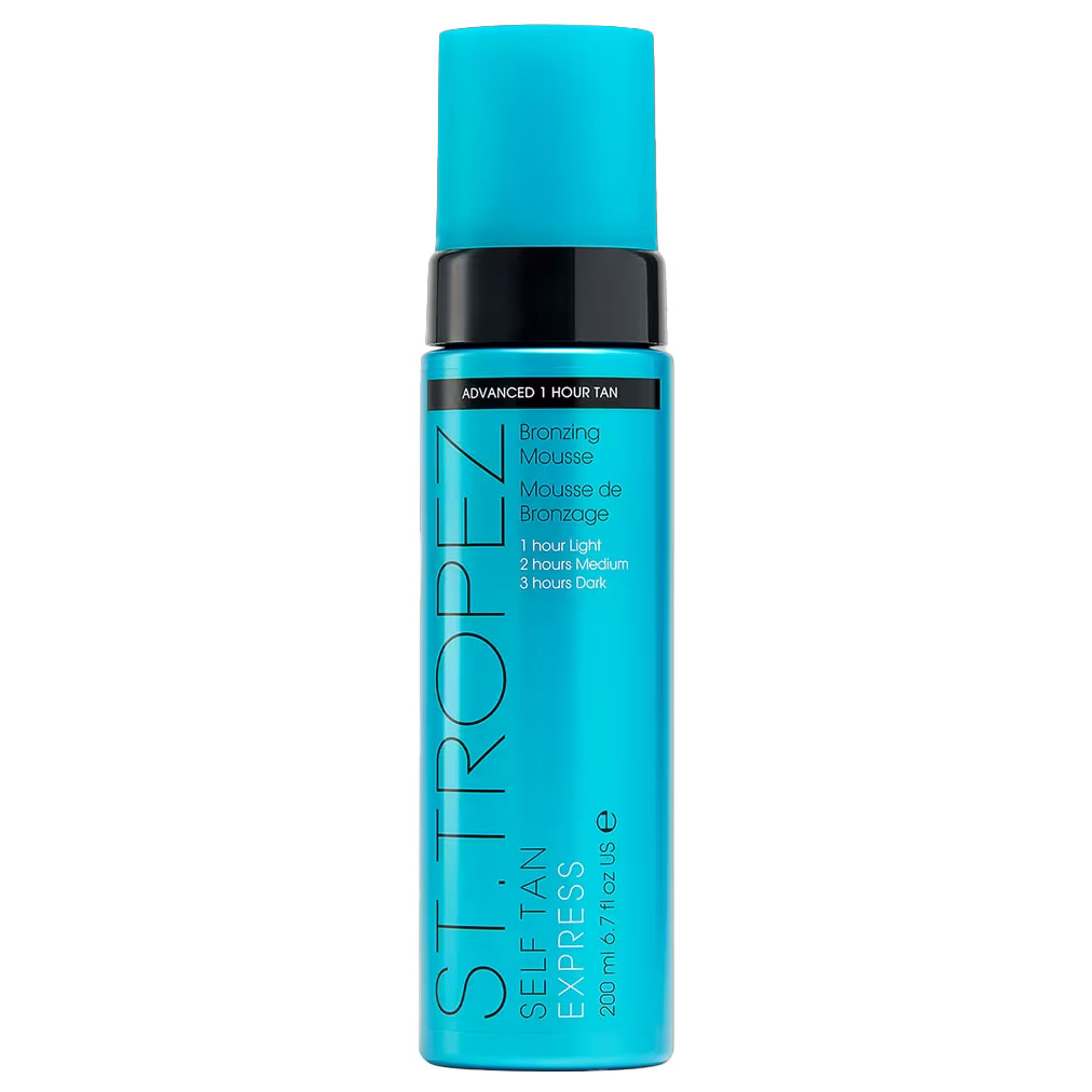 St. Tropez Self Tan Express Bronzing Mousse is a fast-acting tanning mousse allowing for adjustable tan depth: 1 hour for light, 2 hours for medium, and 3 hours for dark. Packaged in a blue 200 ml bottle, it provides varying tan intensities based on application time.