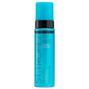 St. Tropez Self Tan Express Bronzing Mousse is a fast-acting tanning mousse allowing for adjustable tan depth: 1 hour for light, 2 hours for medium, and 3 hours for dark. Packaged in a blue 200 ml bottle, it provides varying tan intensities based on application time.
