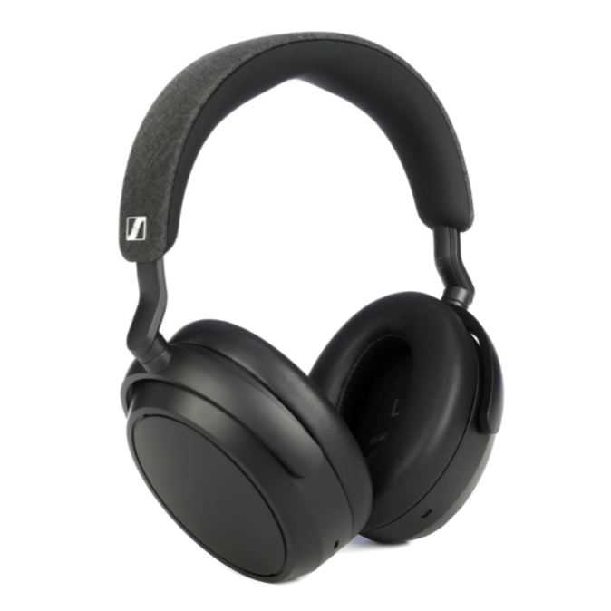 Black over-ear wireless headphones with thick cushioned ear cups and a fabric-covered headband, featuring a small logo on the side.