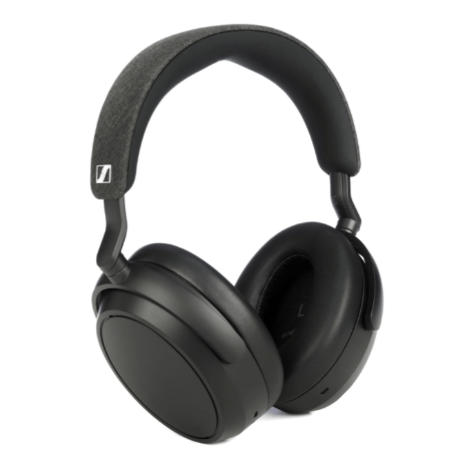 Black over-ear wireless headphones with thick cushioned ear cups and a fabric-covered headband, featuring a small logo on the side.