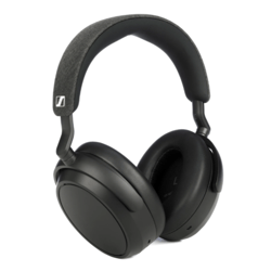 Black over-ear wireless headphones with thick cushioned ear cups and a fabric-covered headband, featuring a small logo on the side.