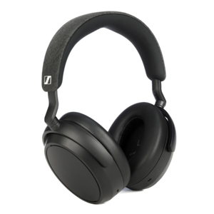 Black over-ear wireless headphones with thick cushioned ear cups and a fabric-covered headband, featuring a small logo on the side.