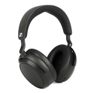 Black over-ear wireless headphones with thick cushioned ear cups and a fabric-covered headband, featuring a small logo on the side.
