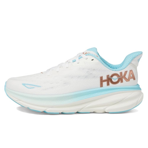 A white Hoka running shoe with light blue accents and the Hoka logo in brown on the side.