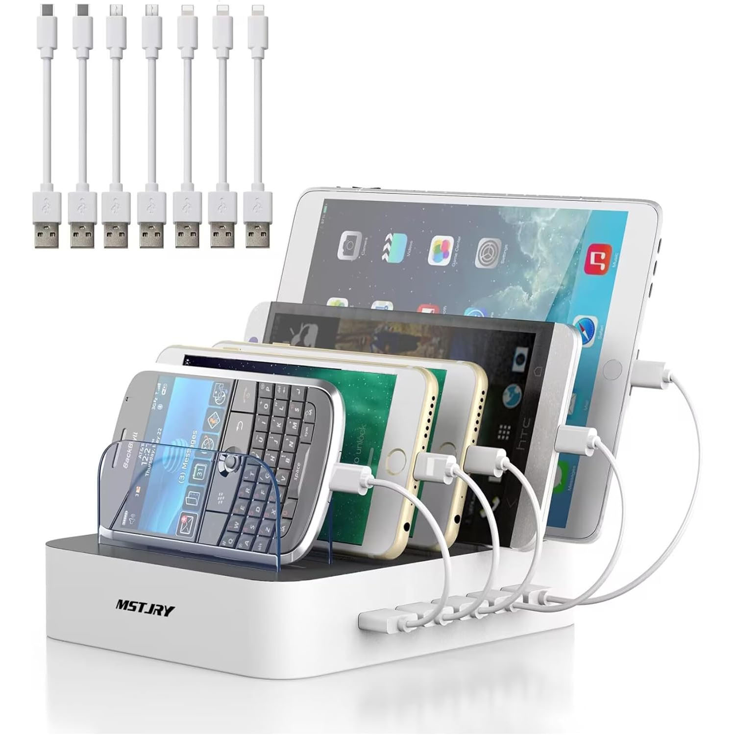 Multi-device charging station with six slots for charging tablets and smartphones, featuring short USB cables and compatible with various devices.