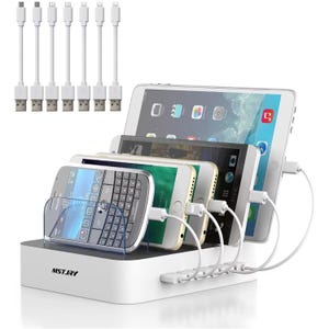 Multi-device charging station with six slots for charging tablets and smartphones, featuring short USB cables and compatible with various devices.