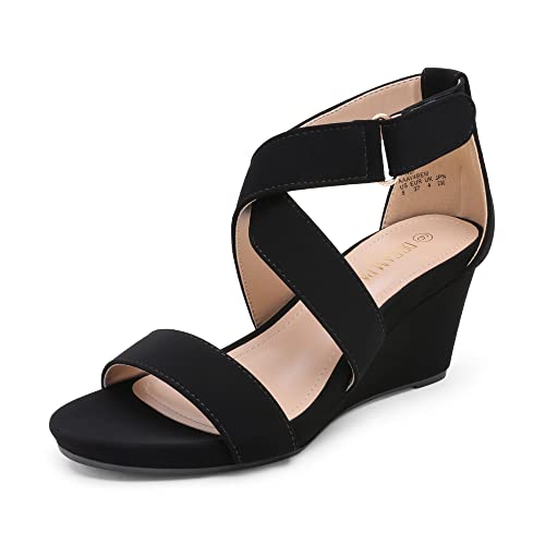 Black women's wedge sandals with crisscross straps and a zippered heel enclosure.