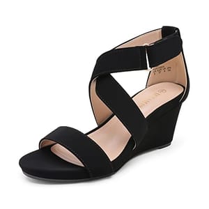 Black women's wedge sandals with crisscross straps and a zippered heel enclosure.