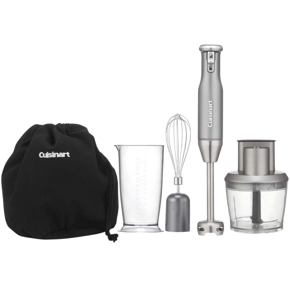 Cuisinart immersion blender set with a handheld blender, whisk attachment, measuring cup, chopper/grinder attachment, and drawstring storage bag.