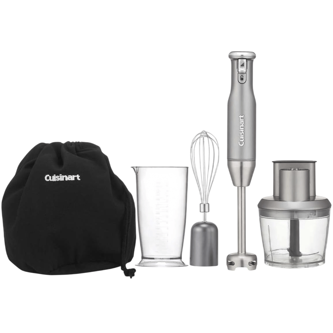 Cuisinart immersion blender set with a handheld blender, whisk attachment, measuring cup, chopper/grinder attachment, and drawstring storage bag.