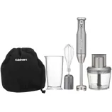 Cuisinart immersion blender set with a handheld blender, whisk attachment, measuring cup, chopper/grinder attachment, and drawstring storage bag.