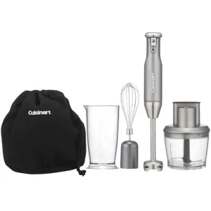 Cuisinart immersion blender set with a handheld blender, whisk attachment, measuring cup, chopper/grinder attachment, and drawstring storage bag.