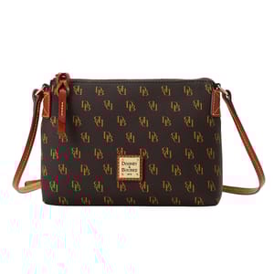 A Dooney & Bourke crossbody bag with a brown leather exterior featuring a monogram pattern of the initials \“DB,\“ a leather strap, and a front logo patch.