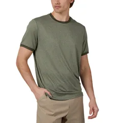 A man is wearing a green short-sleeved T-shirt with darker green trim, paired with beige pants.