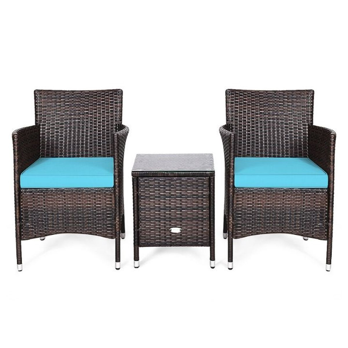 A patio set featuring two wicker chairs with turquoise cushions and a matching wicker side table, all with metal-capped legs for stability.