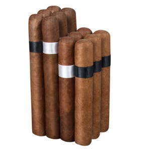 A collection of cigars with light brown wrappers and black and white bands.