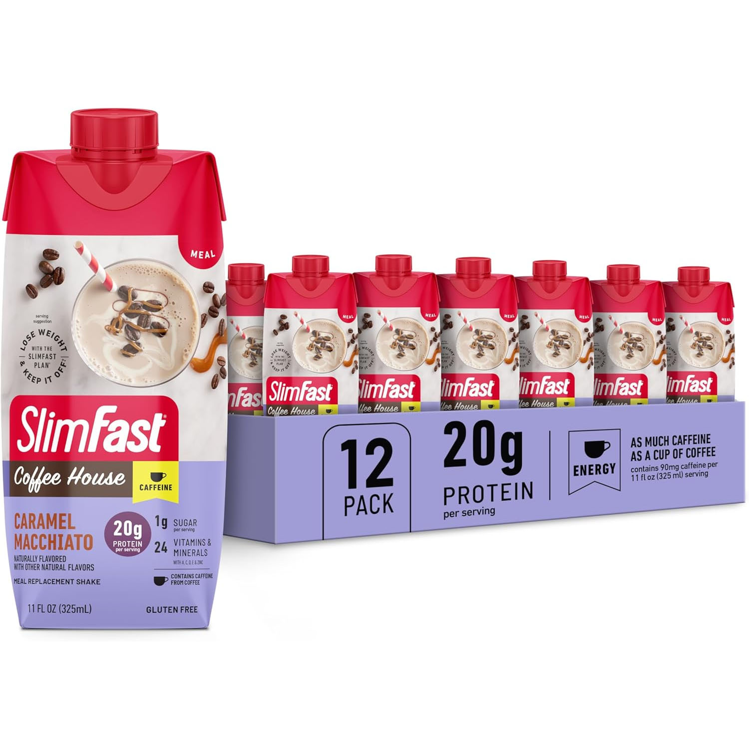 SlimFast Coffee House Caramel Macchiato Shakes, 12-pack, 11 fl oz each, offer 20g protein per serving with 1g sugar and 24 vitamins and minerals. Contains 90mg caffeine, gluten-free, and labeled as a meal replacement.