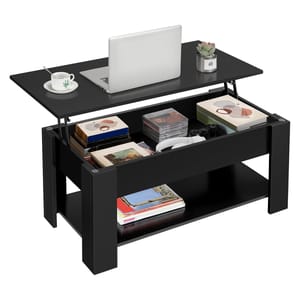 Black lift-top coffee table with a storage compartment beneath the top, featuring a laptop, a cup, a small plant, books, CDs, headphones, and magazines.