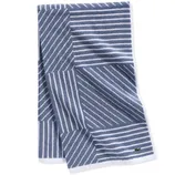 Blue and white striped towel with a geometric pattern and a small logo.