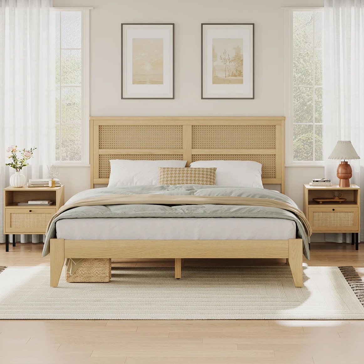 A bedroom with a woven rattan bed frame, two matching nightstands, a neutral-tone bedspread, decorative pillows, and a striped rug. Decor includes framed art above the bed and small table lamps on each nightstand.