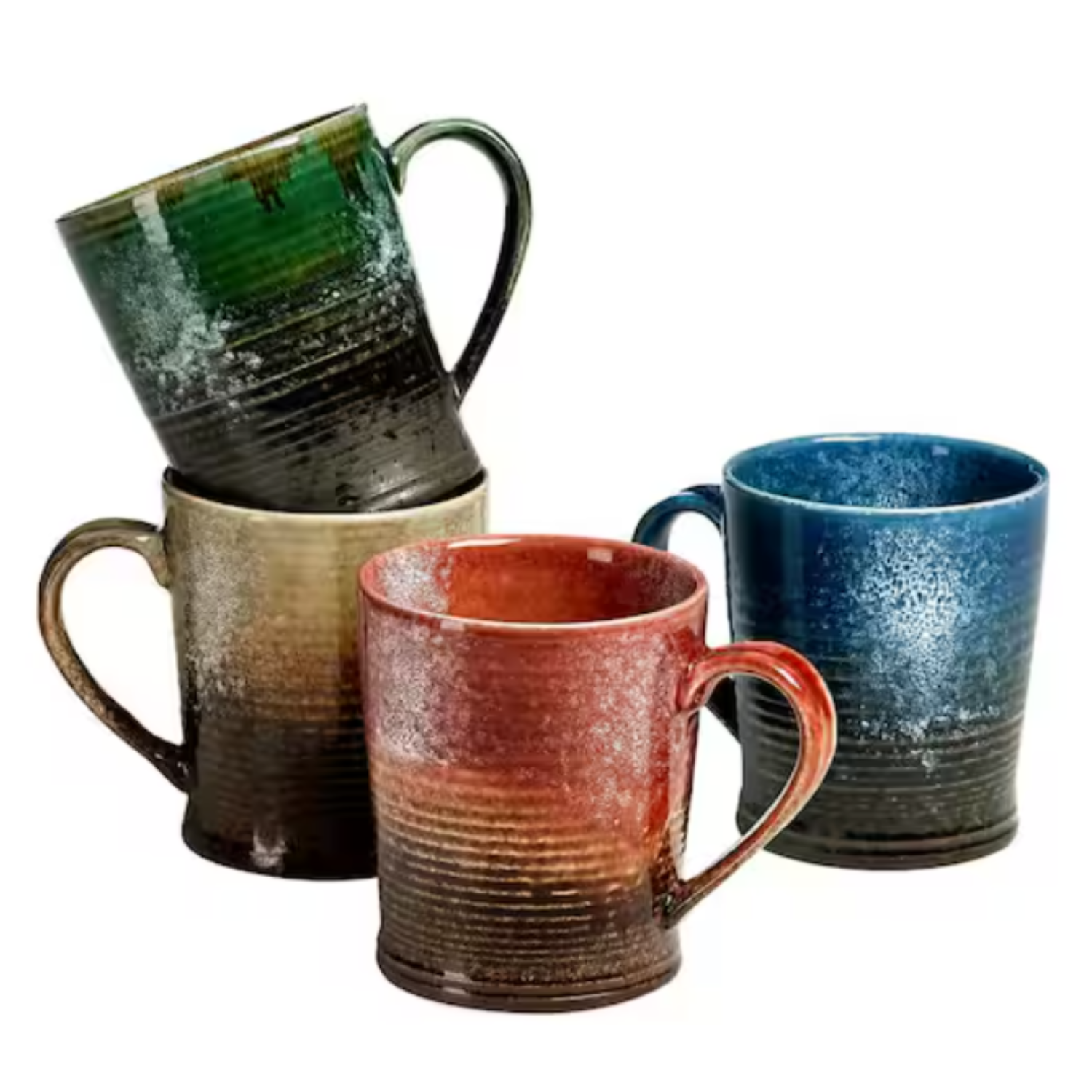 Four ceramic mugs with a rustic, textured design, each featuring a gradient glaze in different colors: green, beige, red, and blue. They have a classic shape with a sturdy handle for easy grip.